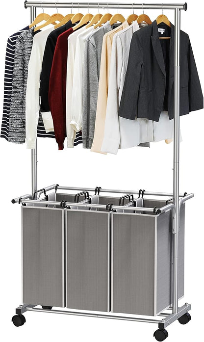 Simple Houseware 3 Bags Laundry Sorter with Extensible Clothes Hanging Rod