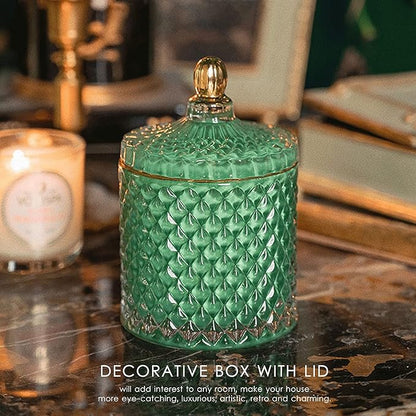 ALAMHI Candy Dish with Lid Glass Decorative Box, Vintage Jewelry Box, Small Candy Jar with Lid Crystal Apothecary Decor Box, Birthday Gifts For Friends Female (Green)