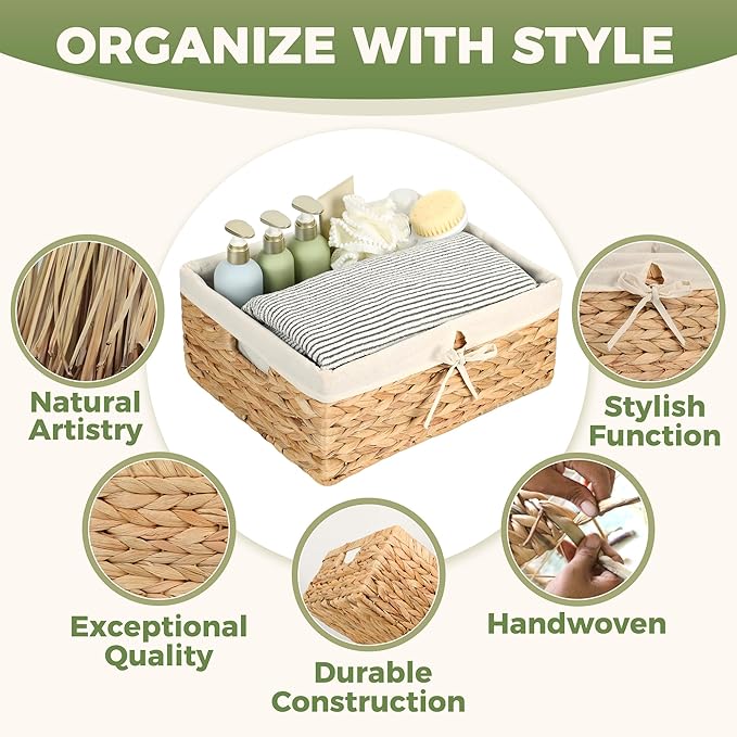 Wicker Shelf Storage Baskets for Organizing - Natural Water Hyacinth Woven Basket Organizers & Storage for Shelves w/Handles & Cotton Liner for Home & Pantry Decor Organization, Large 15” x 12” x 6”
