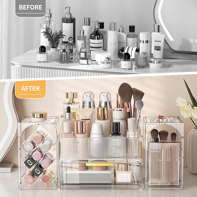 Seoneiro Makeup Organizer with Drawers, Cosmetic Storage for Dresser Countertop and Bathroom Vanity, Beauty Holder for Lipstick Brush Skincare Display case (Transparent)