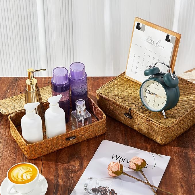 Didaey Set of 4 Seagrass Basket with Lid Wicker Storage Basket Decorative Storage Boxes with Lids Flat Storage Bins Woven Organizer Baskets for Shelf Closet Bedroom, 4 Sizes (Brown)