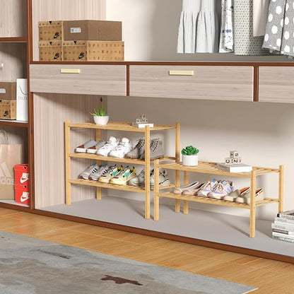 ROMGUAR CRAFT 2 Tier Bamboo Shoe Rack for Closet Free Standing Wood Shoe Shelf for Entryway Small Space Stackable 27"x11"x13" (Natural)