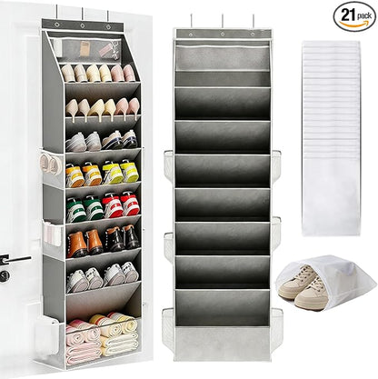 Over the Door Shoe Organizer, Clear Pockets Hanging Shoe Storage With 20 Dust-Proof Bags, Hanging Closet Shoe Storage with Large Deep Pockets, Fits 16–24 Pairs of Sneakers, Sandals, Boots, Gray