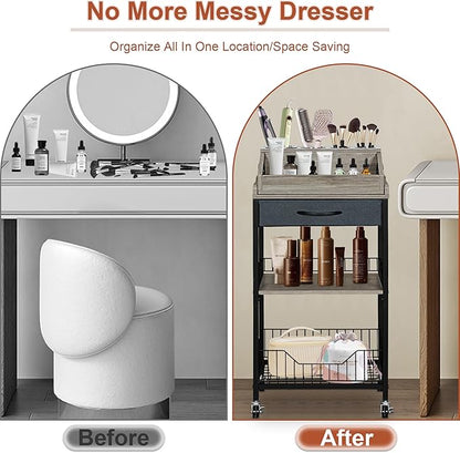 Makeup Organizer Cart Large, 2-in-1 Beauty Organizer with Wheels & Hair Tool Holder, Makeup Stand with Drawer, Vanity Storage Cosmetics Display Cases for Skin Care Nail Polish Perfume-Black