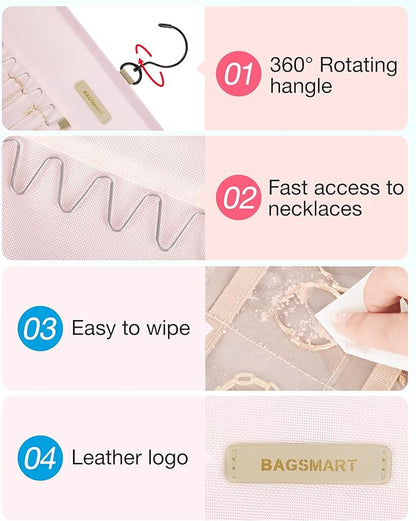BAGSMART Hanging Jewelry Organizer Storage Roll with Hanger Metal Hooks Double-Sided Jewelry Holder for Earrings, Necklaces, Rings on Closet, Wall, Door, 1 piece, Extra Large, Pink