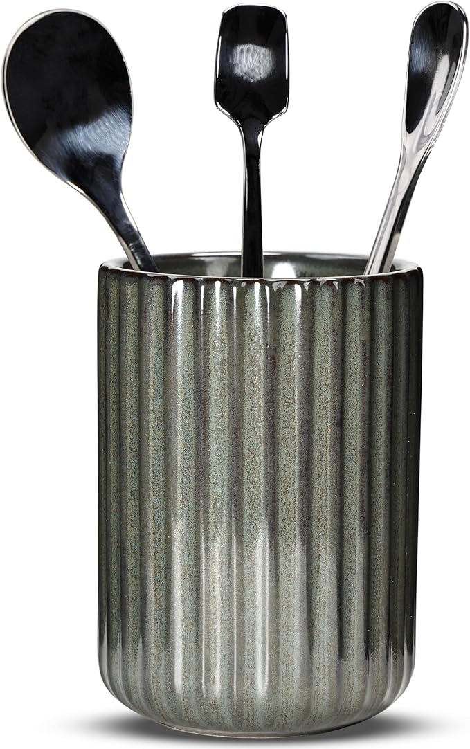 Ceramic Spoon Holder for Coffee Bar, Upright Tea Spoon Holder Cup, Coffee Stirrers Straws Stir Stick Holder, Cement Grey Fluted Surface