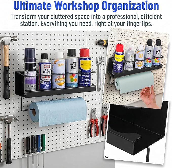 Cedilis 2 Pack Aerosol Spray Can Holder Rack with Paper Towel Holder, Wall Mounted Steel Spray Bottle Organizer, Black Spray Paint Can Holder for Garage and Workspace, Mounting Accessories Included