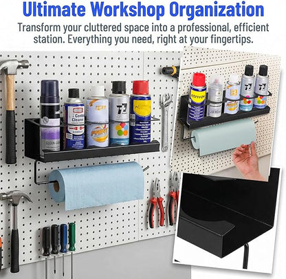 Cedilis 2 Pack Aerosol Spray Can Holder Rack with Paper Towel Holder, Wall Mounted Steel Spray Bottle Organizer, Black Spray Paint Can Holder for Garage and Workspace, Mounting Accessories Included