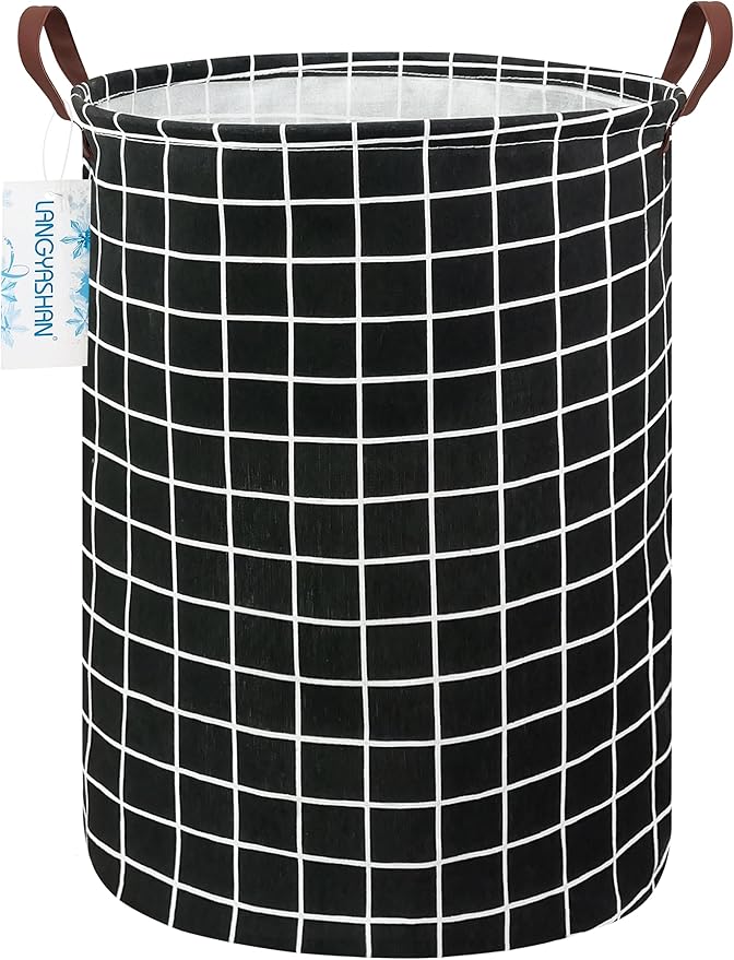 Laundry Basket Canvas Fabric Collapsible Organizer Basket for Storage Bin Toy Bins Gift Baskets Bedroom Clothes Children Nursery Hamper (Black Grid)