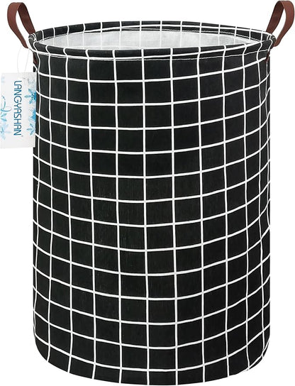 Laundry Basket Canvas Fabric Collapsible Organizer Basket for Storage Bin Toy Bins Gift Baskets Bedroom Clothes Children Nursery Hamper (Black Grid)