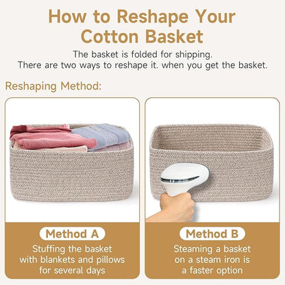 3-Pack Small Storage Baskets for Organizing | Woven Shelf Toy Basket | Rope Baskets for Gifts Empty | Closet Organizer Bins with Handles | Cube Decorative Box | 11.8×7.8×5.1” | Orange
