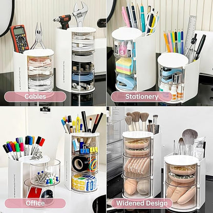 Clear Hair Accessories Organizer & Hair Brush Holder, Rotatable Makeup Brush Holder and Jewelry Storage Box for Hair Clips, Earrings, Necklaces, Rings and Bracelets (White, 3-Layer)