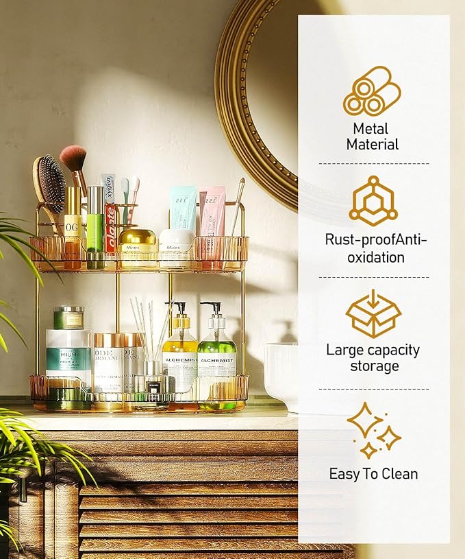 EUHOME 2-Tier Corner Bathroom Counter Organizer Makeup Cosmetic Storage, Tool-Free Installation Acrylic Vanity Shelf, Skin Care Organizer Perfume Tray for Countertop Bathroom, Dresser, Kitchen (Gold)