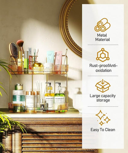 EUHOME 2-Tier Corner Bathroom Counter Organizer Makeup Cosmetic Storage, Tool-Free Installation Acrylic Vanity Shelf, Skin Care Organizer Perfume Tray for Countertop Bathroom, Dresser, Kitchen (Gold)