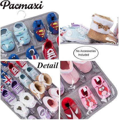 PACMAXI Over The Door Shoes Organizer for 12 Pairs of Baby Shoes Boys Girl, Hanging Baby Shoe Organizer with Hanger(Polyester Material-Grey)