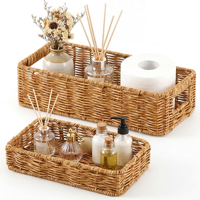 Teenyyou 2 Pcs Toilet Paper Basket for Back of Toilet Wicker Anti-Vine Basket Topper and Vanity Tray Set with Built-in Handles for Paper Hand Towel, Bathroom, Home, Spa(Dark Brown)
