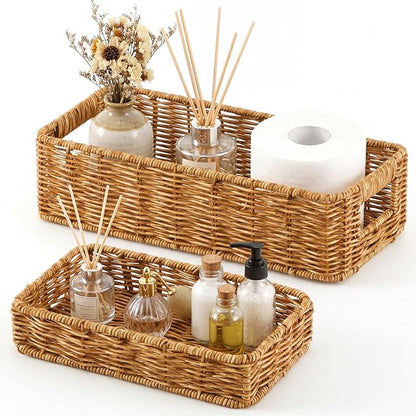 Teenyyou 2 Pcs Toilet Paper Basket for Back of Toilet Wicker Anti-Vine Basket Topper and Vanity Tray Set with Built-in Handles for Paper Hand Towel, Bathroom, Home, Spa(Dark Brown)