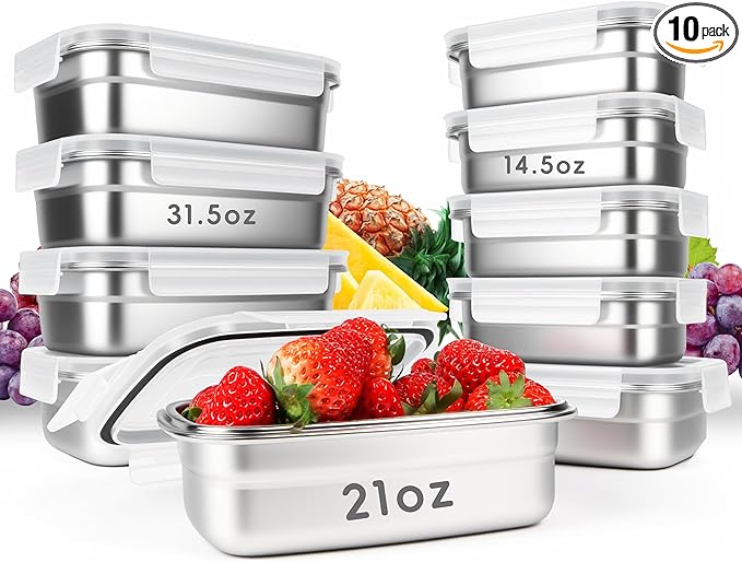 10PCS 304 Stainless Steel Food Storage Containers with Airtight Leakproof Lids, Stackable Bento Lunch Box for Meal Prep, Reusable Metal Containers, Oven/Dishwasher/Freezer Safe(31.5/21/14 Oz)