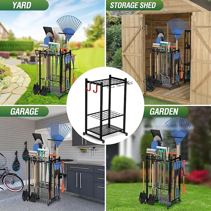 Sttoraboks Garden Tool Organizer Rack Up to 50 Tools, Heavy-Duty Steel Yard Tool Organizer for Garage Storage with 11 Hooks, Broom Holder & Garden Tool Rack for Shed, Patio, Outdoor Use, Black