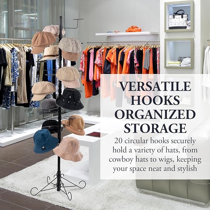 MyGift 5.5 Foot Modern Freestanding Black Metal Hat Organizer Rack, 360 Degree Rotating Wig or Cowboy Hat Display Stand with 20 Circular Hooks