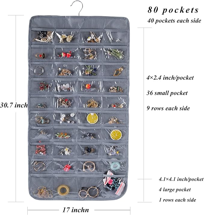 Bloss Hanging Jewelry Organizer, Earring Organizer Double Sided 80 Pocket Jewelry Chain Storage Bag 2 Layer of Fabric Jewelry Holder for Necklace Bracelet - Gray