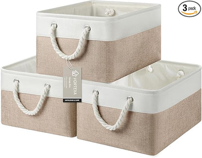 Large Storage Baskets- 15.7x11.8x8.26 inch Storage Bins for Shelves and Closet Organizing, Foldable Fabric Bin for Home Organization Clothes and Laundry (3-Pack, White&Khaki)