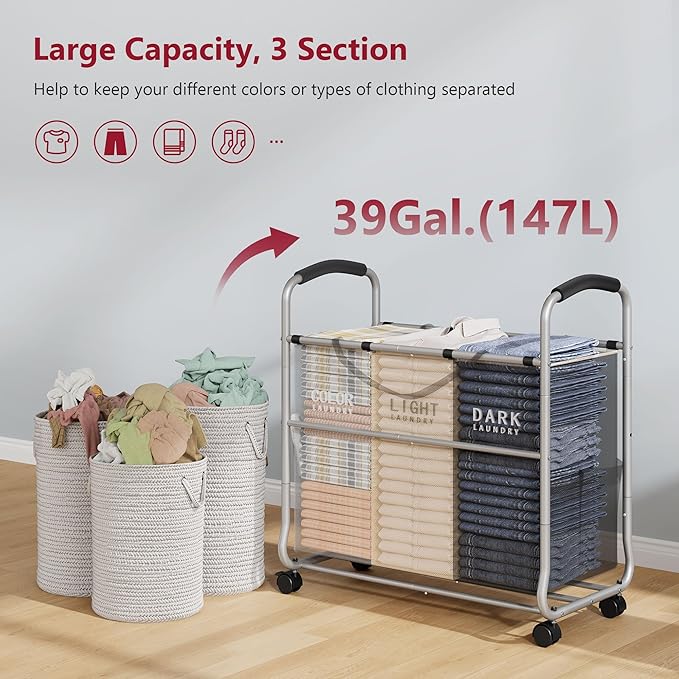 Tajsoon 3 section Laundry Hamper Sorter, Laundry Sorter Cart with Heavy Duty Lockable Wheels and Removable Bags, Laundry Separated Rolling Cart Basket for Clothes Storage, Grey+Beige+Black