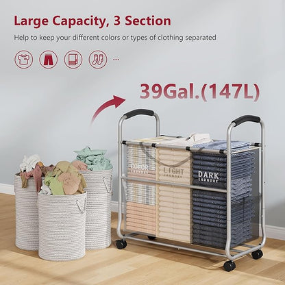 Tajsoon 3 section Laundry Hamper Sorter, Laundry Sorter Cart with Heavy Duty Lockable Wheels and Removable Bags, Laundry Separated Rolling Cart Basket for Clothes Storage, Grey+Beige+Black