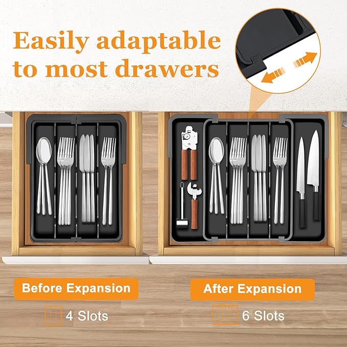 Homecor Silverware Organizer - Expandable Kitchen Drawer Organizer Utensil Holder, BPA Free Flatware and Cutlery Tray for Spoons Forks Knives, Plastic Kitchen Organizer and Storage