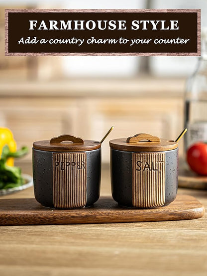 Salt and Pepper Bowl, Ceramic Salt Containers for Countertop, Salt and Pepper Cellar with Lid and Spoons, Black