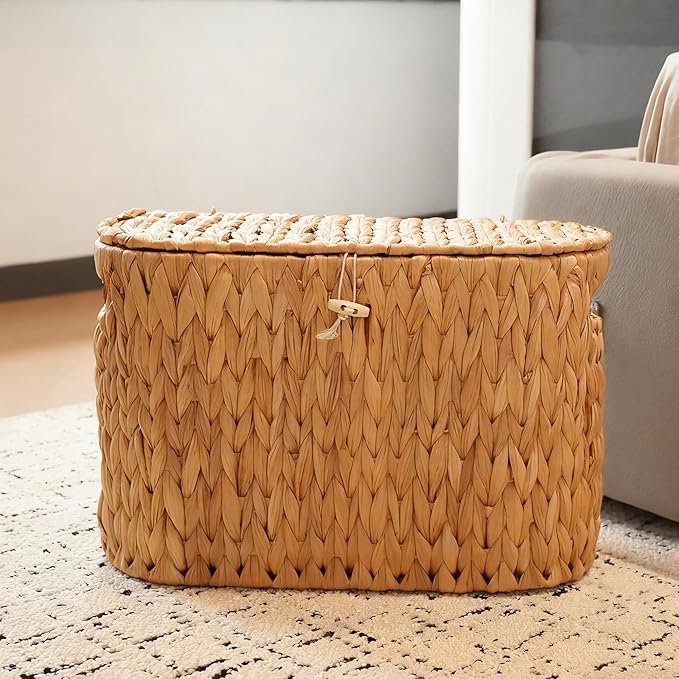PINXIURY Water Hyacinth Toilet Paper Storage Basket, Bathroom Toilet Organizer with Lid, Woven Toilet Paper Holder for 6 Mega Rolls Bathroom Storage, Magazine Holder for Office, Bedroom