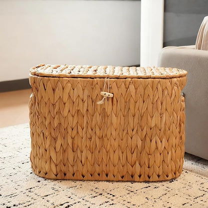 PINXIURY Water Hyacinth Toilet Paper Storage Basket, Bathroom Toilet Organizer with Lid, Woven Toilet Paper Holder for 6 Mega Rolls Bathroom Storage, Magazine Holder for Office, Bedroom