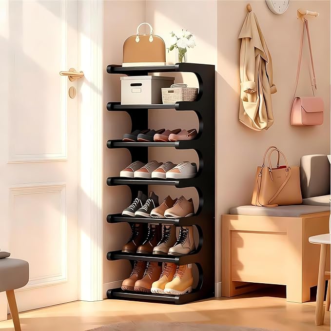 Vertical Shoe Rack 7 Tier, Bamboo Narrow Shoe Rack for Small Spaces, Freestanding Shoe Storage Organizer for Entryway Closet, Space Saving Skinny Shoe Shelf