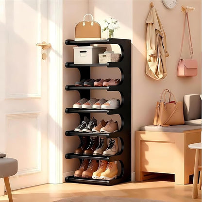 Vertical Shoe Rack 7 Tier, Bamboo Narrow Shoe Rack for Small Spaces, Freestanding Shoe Storage Organizer for Entryway Closet, Space Saving Skinny Shoe Shelf