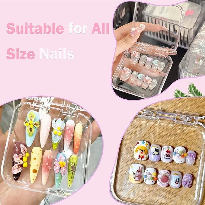 24pcs Press on Nail Storage Box with 10M Adhesive Double Sided Tape Acrylic Nail Display Box Artificial False Nail Box Organizer Fake Nail Case Transparent Nail Packaging Boxes for Nail Salon