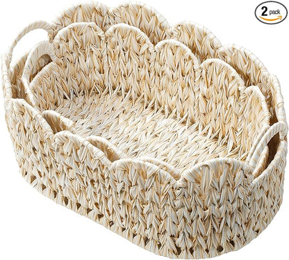 Coeusy Wicker Scalloped Basket Set of 2,Woven Storage Baskets for Shelves,Closet,Laundry,Gifts,Towels,Books,Toys,Waterproof Boho Decor Basket for Organizing
