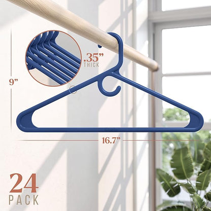 NEATERIZE Thick Heavy Duty Hangers - Navy Plastic Clothes Hangers 24 Pack - Great for Coat Hanger, Jackets Jeans & Suit Hanger for Closet - New Apartment Essentials Percheros Ganchos para Colgar Ropa