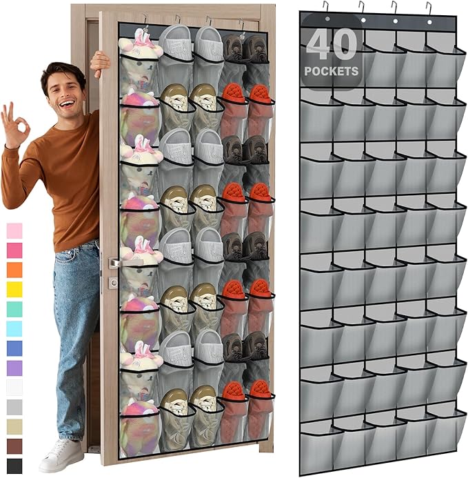 Windyun 40 Over The Door Shoe Organizer, Large Mesh Pocket Hanging Shoe Rack Hanger Large Capacity Gray Behind The Door Storage Holder for Dorm College Closet Entryway Bedroom Utility Room Women Men