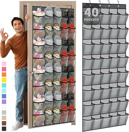Windyun 40 Over The Door Shoe Organizer, Large Mesh Pocket Hanging Shoe Rack Hanger Large Capacity Gray Behind The Door Storage Holder for Dorm College Closet Entryway Bedroom Utility Room Women Men