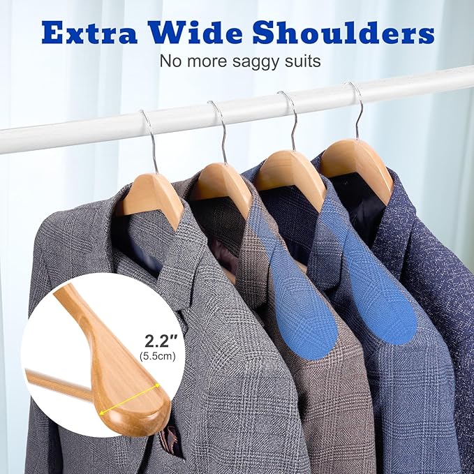 HOUSE DAY Wide Shoulder Wooden Hangers 12 Pack, Wood Suit Hangers for Men with Non Slip Pants Bar, Smooth Finish Solid Wood Coat Hanger for Jacket, Pants, Dress, Heavy Clothes Hangers (Natural)