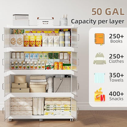 SAILUN 320Gal Extra Large Stackable Storage Bins with a Lid, Collapsible Storage Bins With Doors and Wheels, Foldable Storage Cabinet for Garage Closet Organization, White, 4Pack 39.4" W