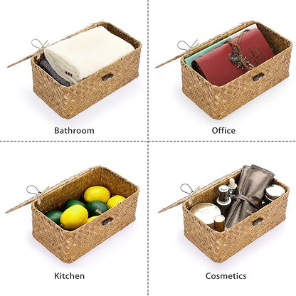 Hipiwe Wicker Shelf Baskets Bin with Lid, Handwoven Seagrass Basket Storage Bins Rectangular Household Basket Boxes for Shelf Wardrobe Home Organizer, Caramel X-Small