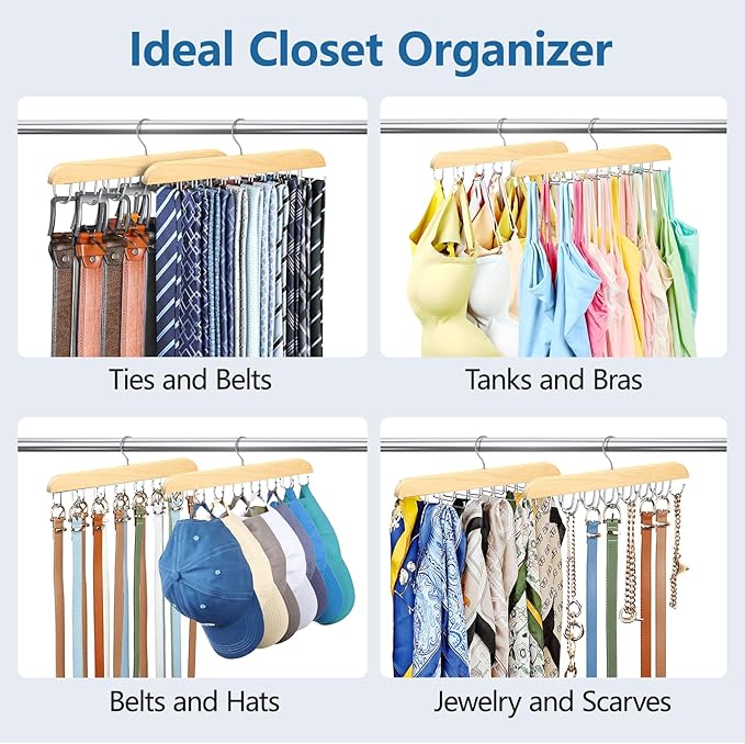Tie Rack & Belt Hanger 2 in 1 Tie Hanger Space Saving Max 42 Belts& 60 Ties Capacity for Closet Organizers and Storage, Sturdy Wood Belt & Tie Collection Organizer(Wood, 2Pack)