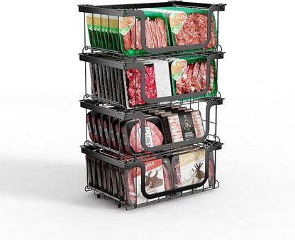 Deep freezer organizer bins-Fit 10 to 20 Cu.FT，4Pcs stackable wire baskets for freezer，Vegetable Fruit Basket，kitchen countertop organizer，U-shaped front opening，Black,15.94"L ×13"W ×8"H