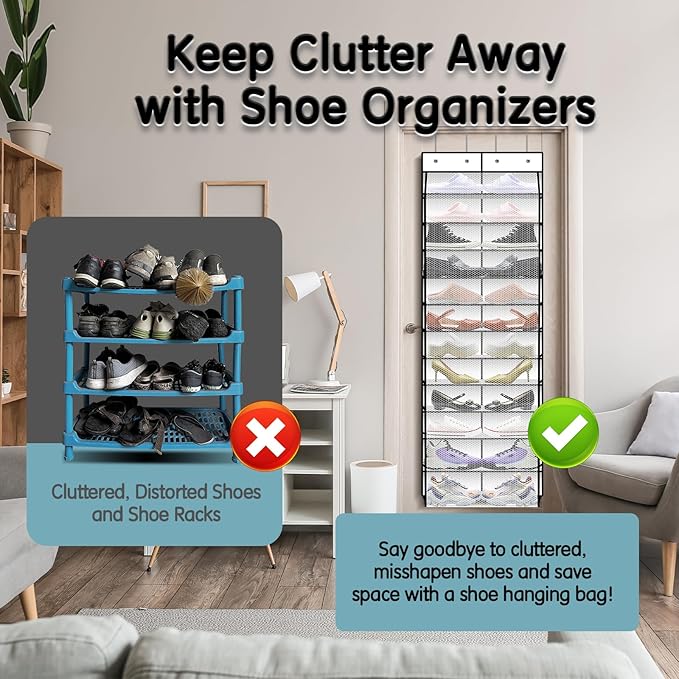 Kotkn Over The Door Shoe Organizer with 12 Large Breathable Pockets - Durable Hanging Storage for the Entire Family's Shoes (White)