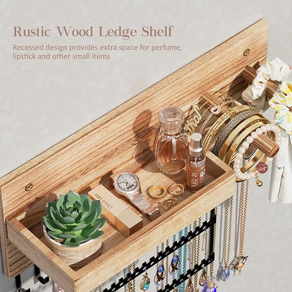 Lolalet Wall Mounted Hanging Jewelry Organizer, 15 Hooks Wooden Necklaces Holder with Storage Shelf, Easy Install Earrings Bracelets Hanger -Light Brown