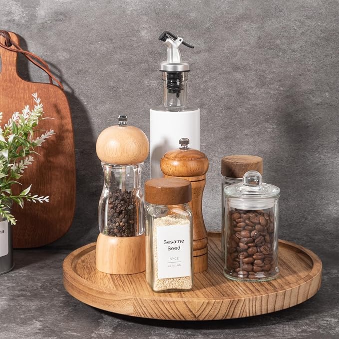 Wood Lazy Susan Organizer Kitchen Turntable for Cabinet Farmhouse Bathroom Decor Round Decorative Tray for Vanity, Counter, Sink, Coffee Table, 11 Inch, Brown