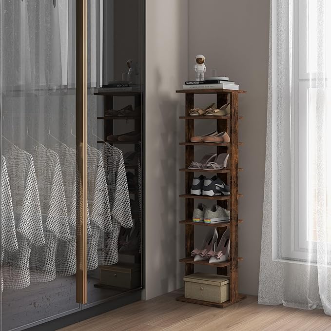 BETTARY 8 Tier Vertical Shoe Rack, Narrow Wooden Corner Shoe Organizer for Small Spaces, Removable Shelves, Anti-toppling Device, Shoe Tower for Entryway, Closet, Bedroom (Rustic Brown, Single Row)