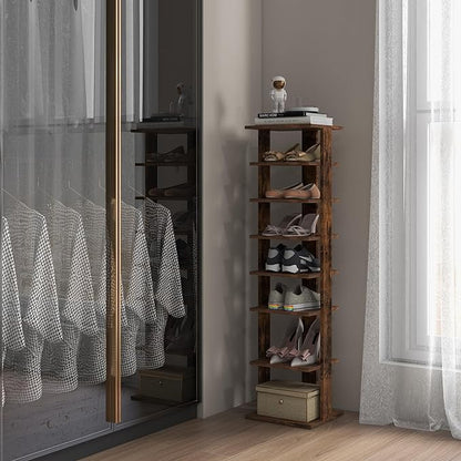 BETTARY 8 Tier Vertical Shoe Rack, Narrow Wooden Corner Shoe Organizer for Small Spaces, Removable Shelves, Anti-toppling Device, Shoe Tower for Entryway, Closet, Bedroom (Rustic Brown, Single Row)