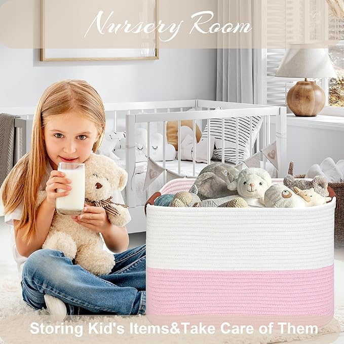 Large Cotton Rope Storage Basket with Leather Handles, Laundry Hamper Basket, 20 "L x 14" W x 12 "H, Durable & Stylish Organizer for Home.(Large Pink)